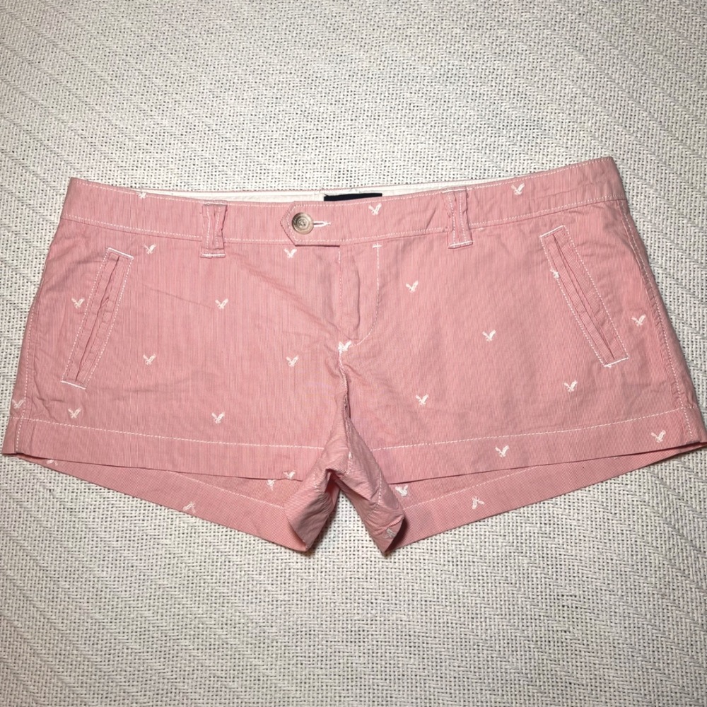American Eagle Outfitters Y2K Low Rise Mini Shorts Pink Pinstripe Eagle Logo 16
